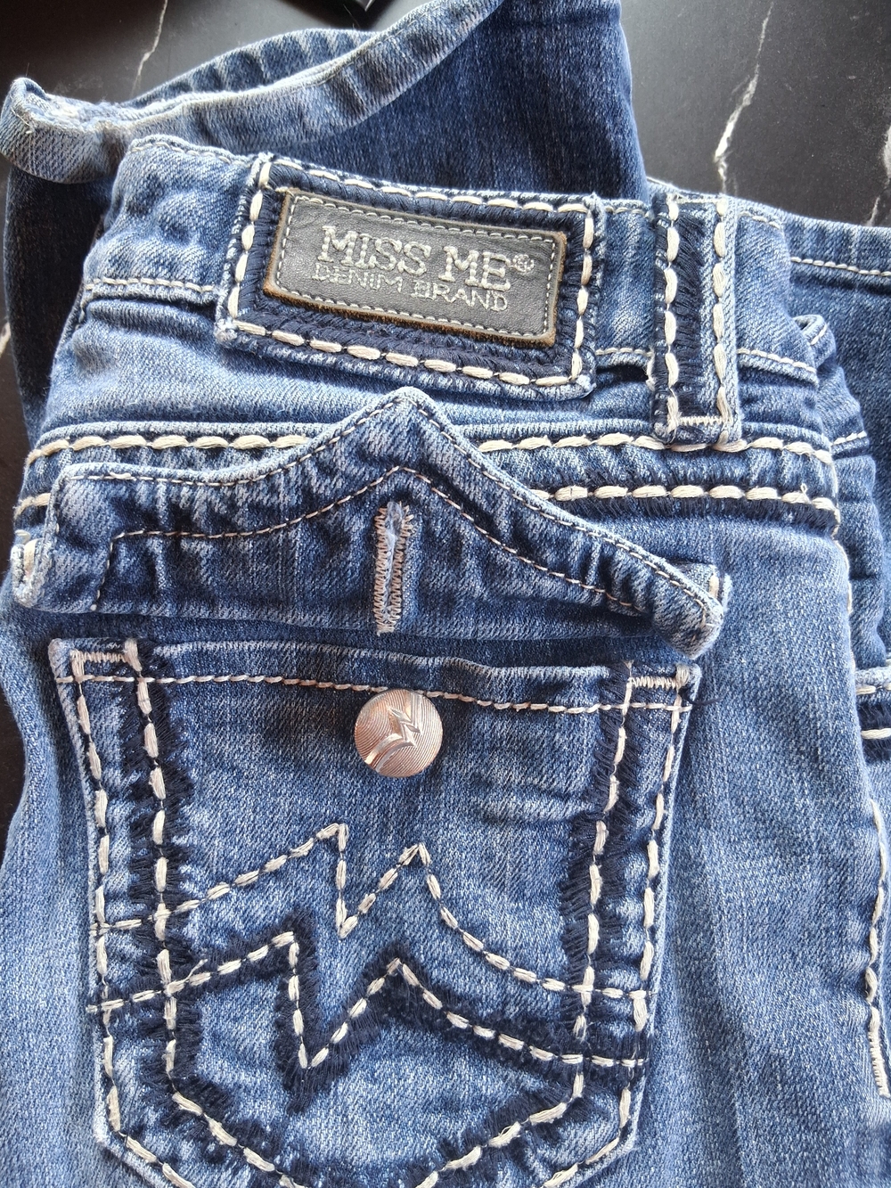 Miss Me Blue Denim Jeans with White Topstitching and Silver Button
